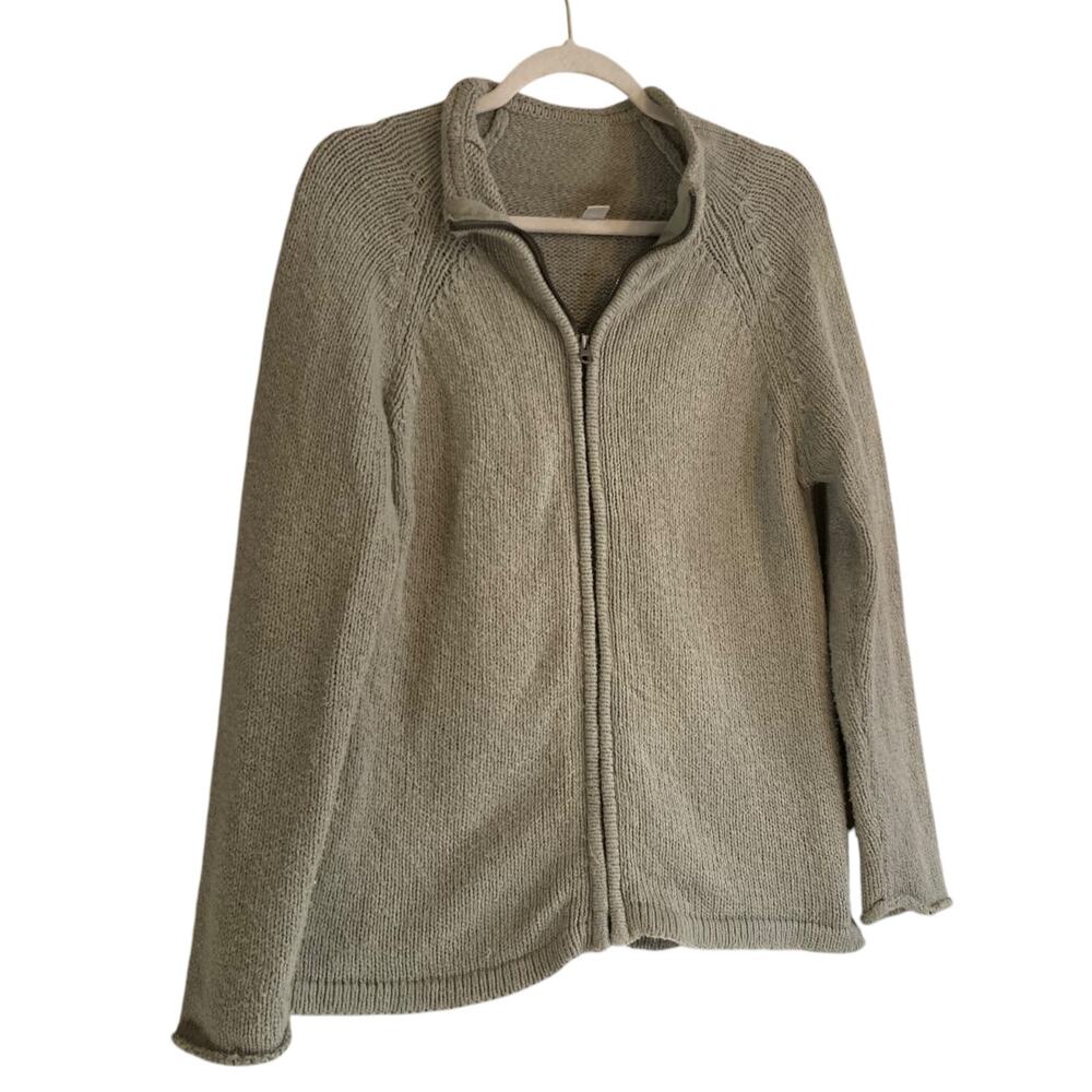 LL Bean Sage Green Cotton Knit Full Zip Cottagecore Cardigan Sweater Size Medium - Picture 2 of 13